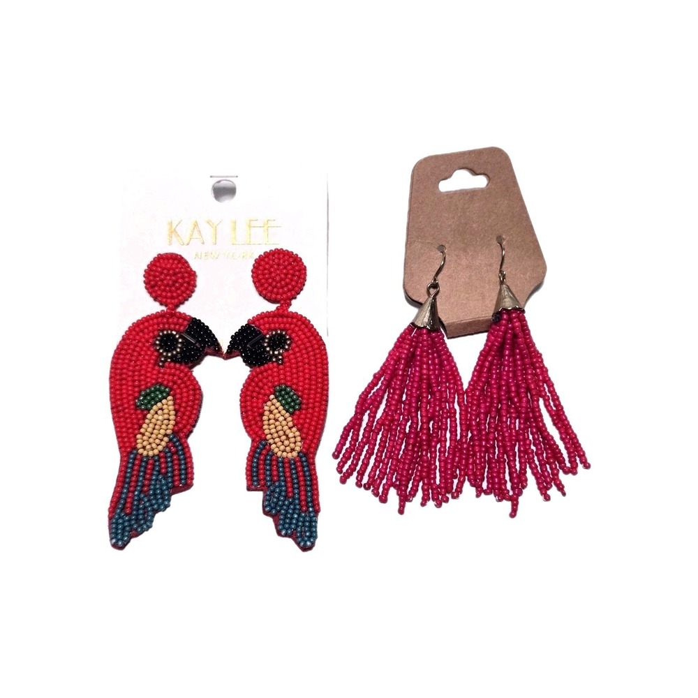 Kay Lee NY Beaded Parrot Earrings & Hot Pink Tassel Fringe‎ Dangle Bundle